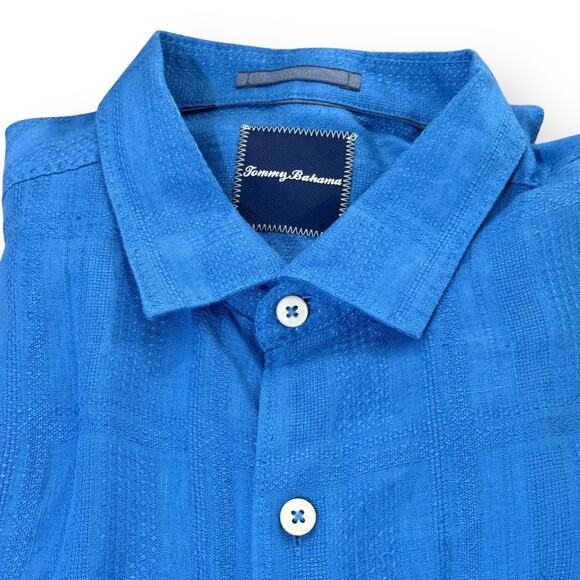 Tommy Bahama Men's XL 100% Linen Short Sleeve Button Shirt Solid Blue Plaid - Picture 6 of 8